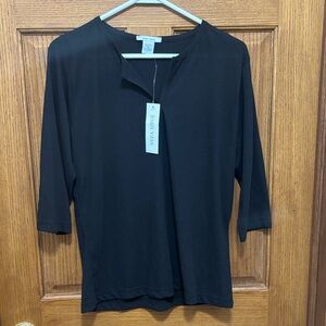 Joan Vass Black 3/4 Sleeve Notch Neck Top